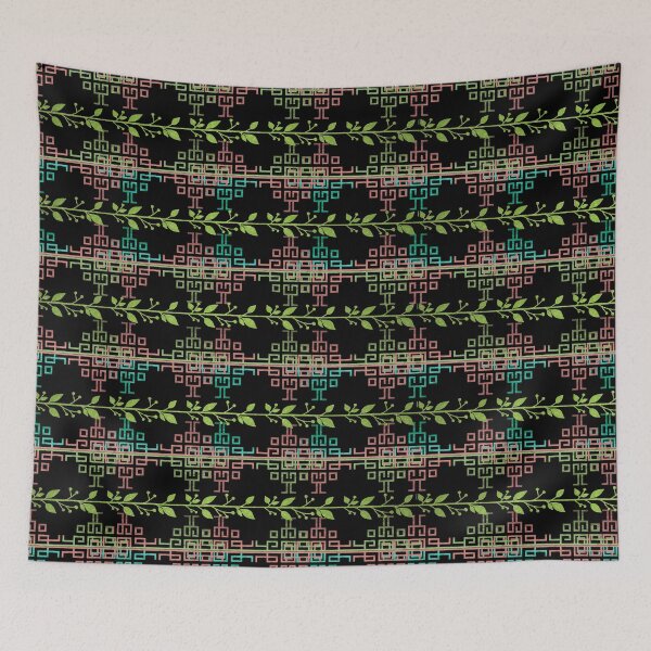 Item preview, Dark Botanical Tribal Geometric Pattern with Green Vine | Boho Textile Design designed and sold by simpleyetcanva.