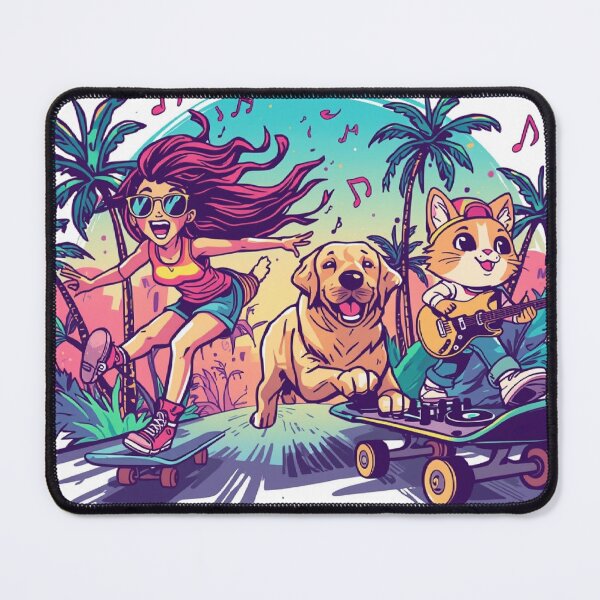 Item preview, Skateboarding Girl with Guitar Dog and DJ Cat – Neon Music Adventure T-Shirt designed and sold by Mitaudesign.