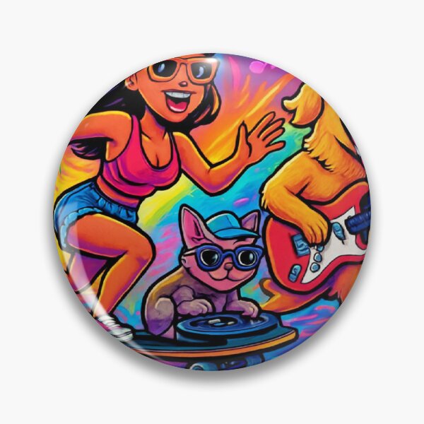 Item preview, Skateboarding Girl with Guitar Dog and DJ Cat – Neon Music Adventure designed and sold by Mitaudesign.