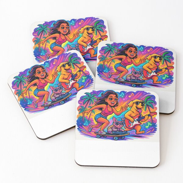 Item preview, Skateboarding Girl with Guitar Dog and DJ Cat – Neon Music Adventure designed and sold by Mitaudesign.