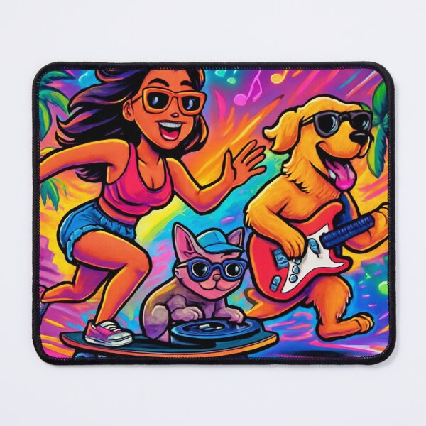 Item preview, Skateboarding Girl with Guitar Dog and DJ Cat – Neon Music Adventure designed and sold by Mitaudesign.