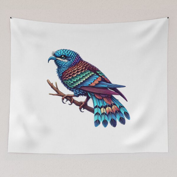 Item preview, Vibrant bird perched on a branch, showcasing decorative feathers in striking colors. designed and sold by cave-canvas.