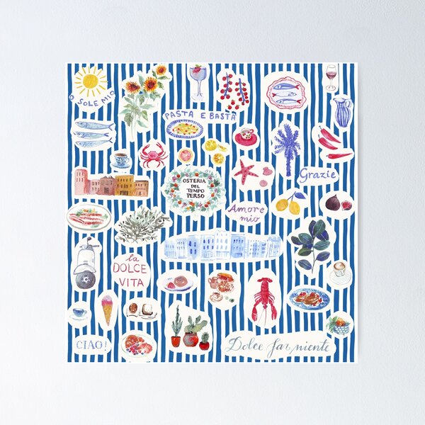 Item preview, Mediterranean Italian style DOLCE far NIENTE stickers in coastal blue stripes designed and sold by Katarina Roccella.