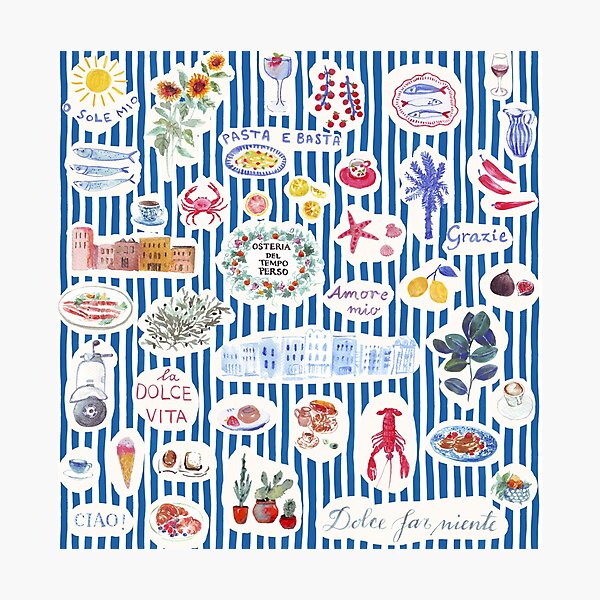 Item preview, Mediterranean Italian style DOLCE far NIENTE stickers in coastal blue stripes designed and sold by Katarina Roccella.