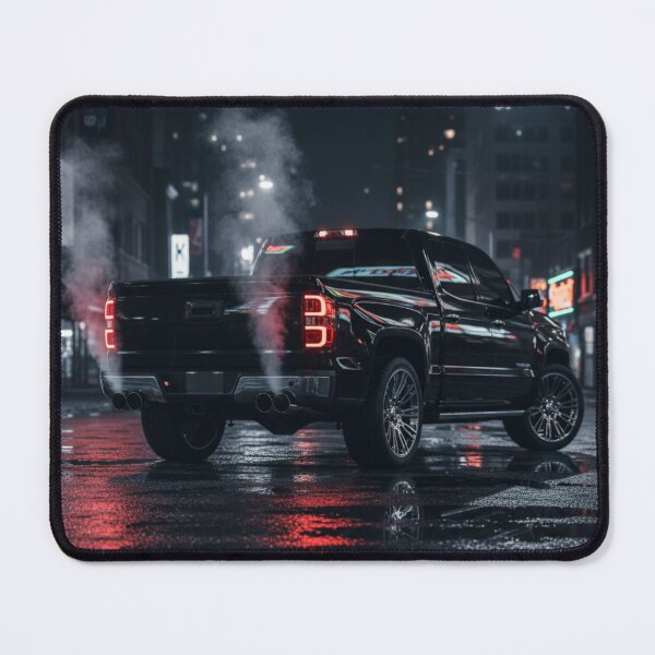 Item preview, Black Pickup Truck Night Street – Custom Truck Exhaust Smoke Wet Asphalt Automotive Art designed and sold by Creative Design Studio.