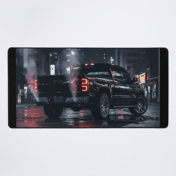 Item preview, Black Pickup Truck Night Street – Custom Truck Exhaust Smoke Wet Asphalt Automotive Art designed and sold by Creative Design Studio.