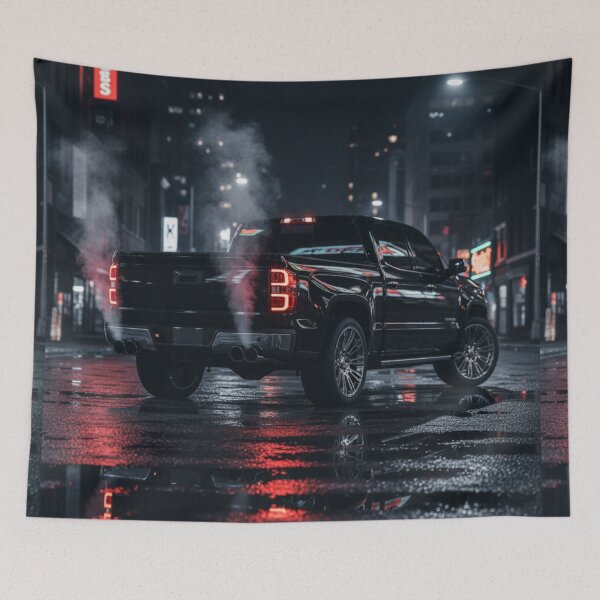 Item preview, Black Pickup Truck Night Street – Custom Truck Exhaust Smoke Wet Asphalt Automotive Art designed and sold by Creative Design Studio.