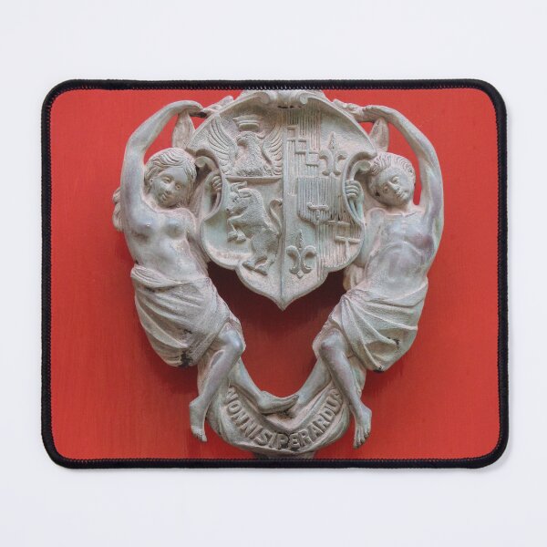 Item preview, Vintage Bronze Door Knocker With Heraldic Crest And Cherubs On Red Painted Door designed and sold by Nmallia.