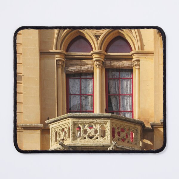 Item preview, Ornate Stone Balcony and Arched Gothic Window on Historic Sandstone Building Façade designed and sold by Nmallia.