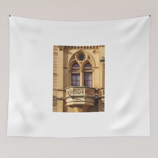 Item preview, Ornate Stone Balcony and Arched Gothic Window on Historic Sandstone Building Façade designed and sold by Nmallia.