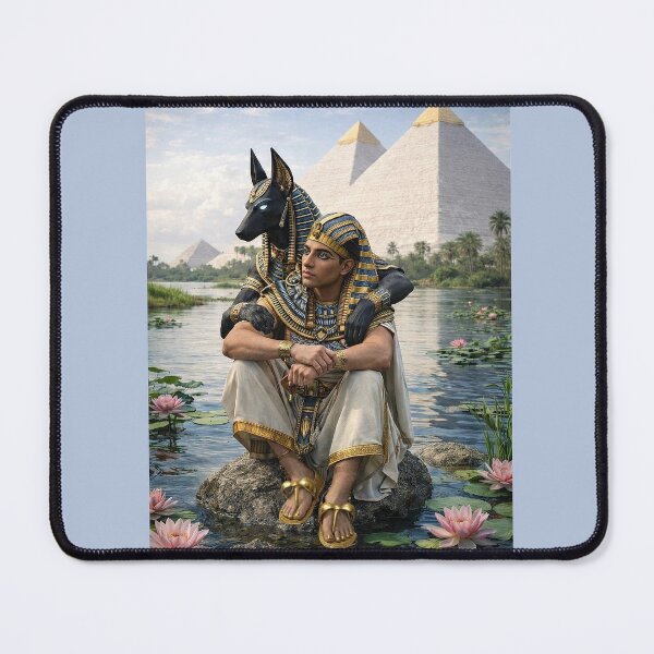 Item preview, Ancient Egyptian Anubis and Pharaoh by the Nile – Egyptian Mythology Pyramids & Lotus Sacred Art designed and sold by TuyaArts.