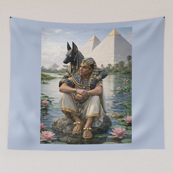 Item preview, Ancient Egyptian Anubis and Pharaoh by the Nile – Egyptian Mythology Pyramids & Lotus Sacred Art designed and sold by TuyaArts.