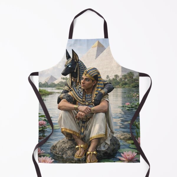 Item preview, Ancient Egyptian Anubis and Pharaoh by the Nile – Egyptian Mythology Pyramids & Lotus Sacred Art designed and sold by TuyaArts.