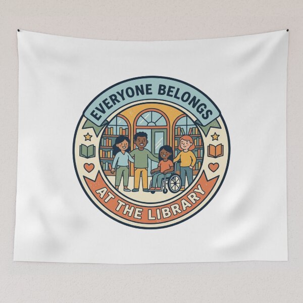 Item preview, Everyone Belongs At The Library - Inclusive Community Bookshelf Badge designed and sold by Wear Sculpt.