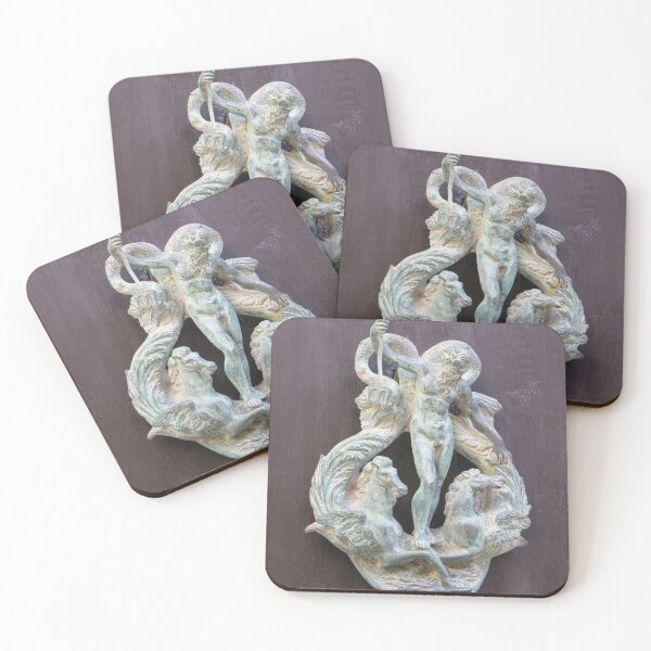 Item preview, Bronze Neptune Door Knocker With Winged Horses and Verdigris Patina on Wooden Door designed and sold by Nmallia.
