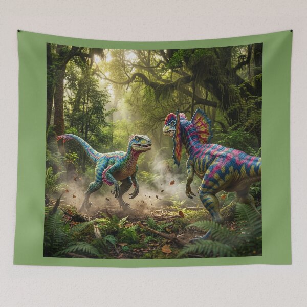 Item preview, Velociraptor meets a Frilled Dilophosaurus in Primordial Forest designed and sold by Tridentulus.