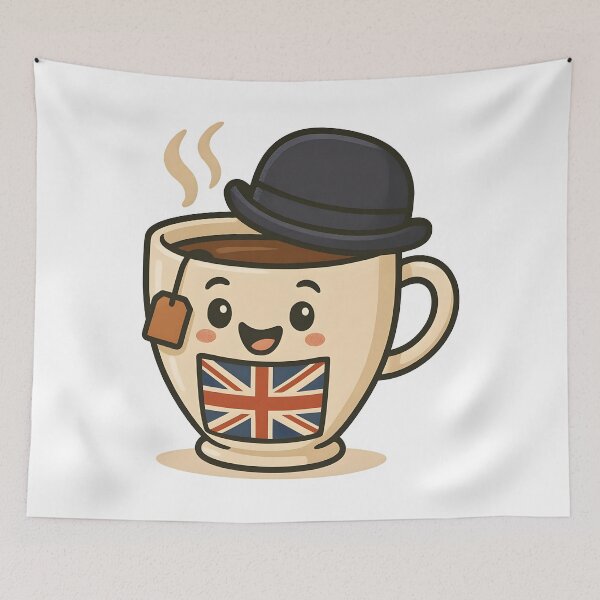 Item preview, Cute British Tea Cup Kawaii Design with UK Flag and Bowler Hat. designed and sold by The-T-In-Retro.
