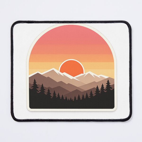 Item preview, “Minimal aesthetic mountain landscape with sunset gradient sky, pine trees silhouette, retro vintage color palette, clean vector style, centered composition, sticker design, transparent background” designed and sold by irfanshikh.