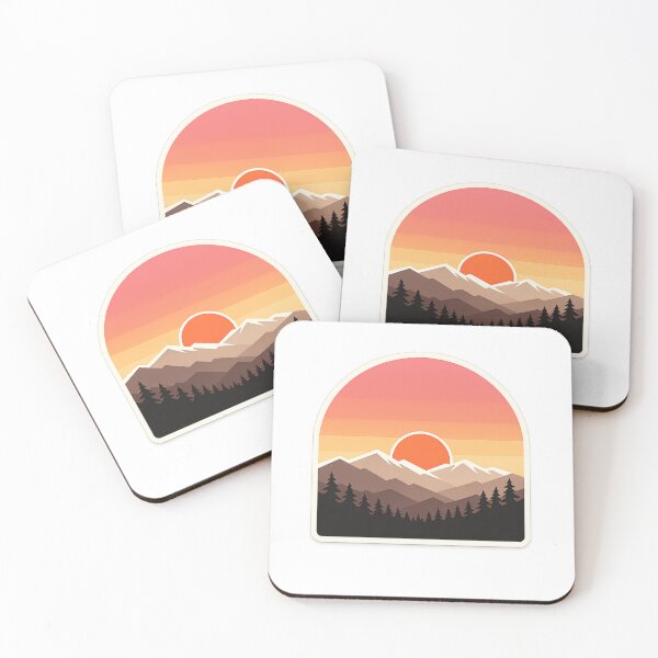 Item preview, “Minimal aesthetic mountain landscape with sunset gradient sky, pine trees silhouette, retro vintage color palette, clean vector style, centered composition, sticker design, transparent background” designed and sold by irfanshikh.