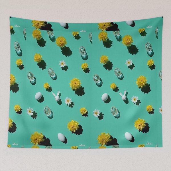 Item preview, Easter eggs and yellow flowers on a green surface designed and sold by Stellar Geometry.