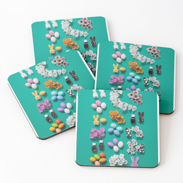 Item preview, Colorful Easter decorations with eggs, flowers, and bunny figurines on teal background designed and sold by Stellar Geometry.