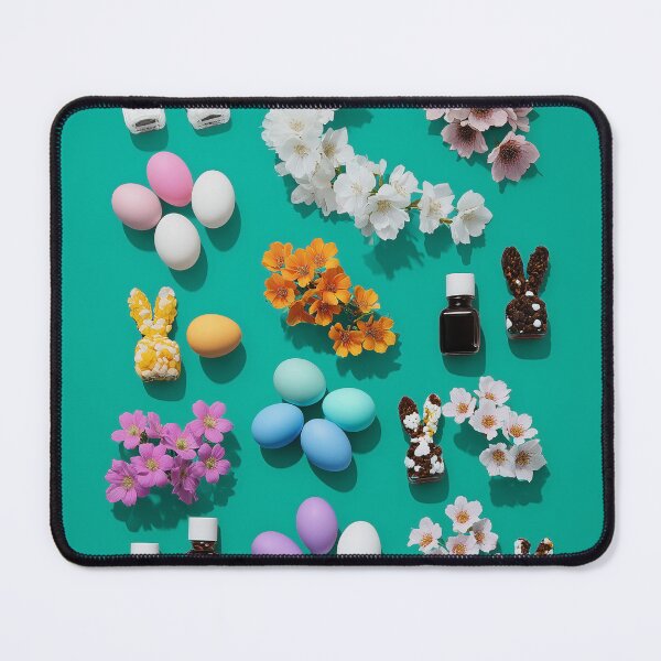 Item preview, Colorful Easter decorations with eggs, flowers, and bunny figurines on teal background designed and sold by Stellar Geometry.