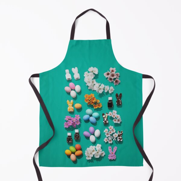 Item preview, Colorful Easter decorations with eggs, flowers, and bunny figurines on teal background designed and sold by Stellar Geometry.