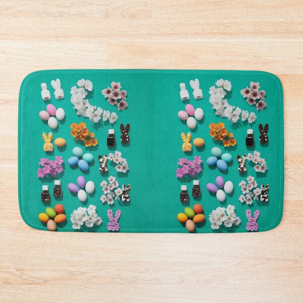 Item preview, Colorful Easter decorations with eggs, flowers, and bunny figurines on teal background designed and sold by Stellar Geometry.