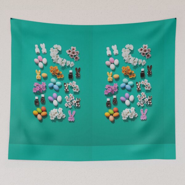 Item preview, Colorful Easter decorations with eggs, flowers, and bunny figurines on teal background designed and sold by Stellar Geometry.