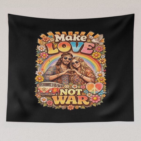 Item preview, Make Love Not War – Retro Hippie Peace Graphic with Rainbow & Flowers designed and sold by Kiziorq.