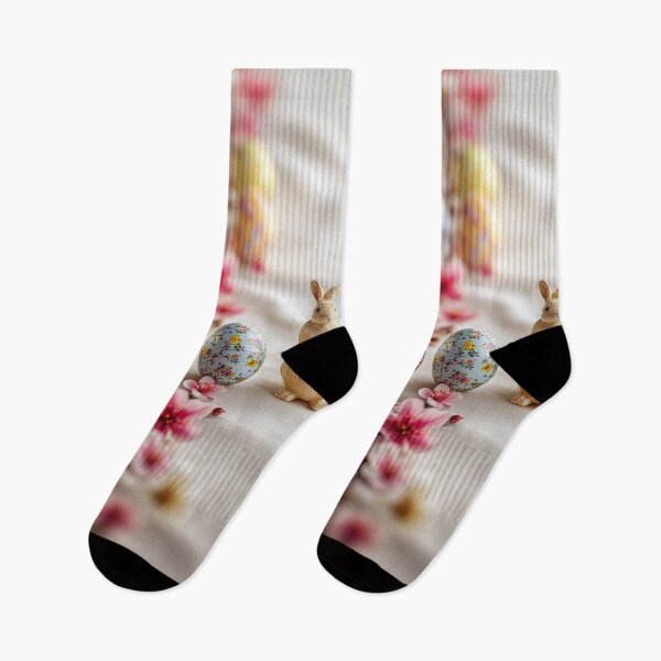 Item preview, Decorative Easter bunnies holding colorful eggs with cherry blossoms in soft-focus background designed and sold by Stellar Geometry.