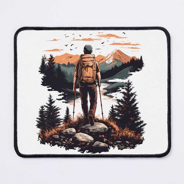 Item preview, Hiker at Sunset Mountains - Adventure Nature Landscape Art Print designed and sold by DesignArtist.ia.