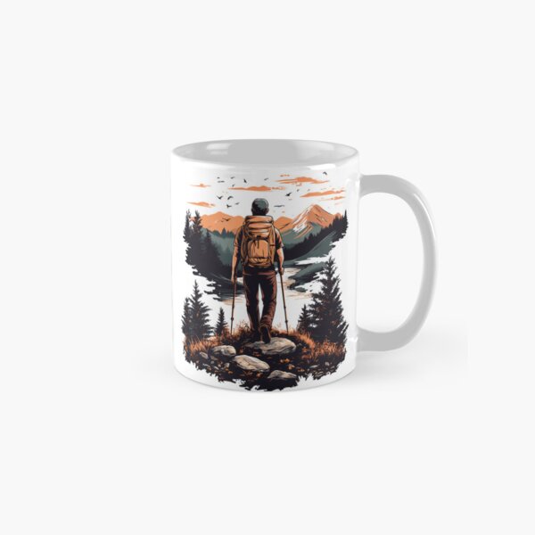 Item preview, Hiker at Sunset Mountains - Adventure Nature Landscape Art Print designed and sold by DesignArtist.ia.