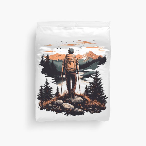 Item preview, Hiker at Sunset Mountains - Adventure Nature Landscape Art Print designed and sold by DesignArtist.ia.
