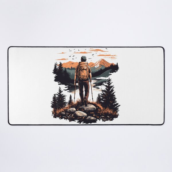Item preview, Hiker at Sunset Mountains - Adventure Nature Landscape Art Print designed and sold by DesignArtist.ia.