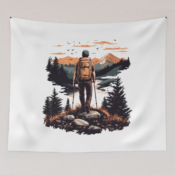 Item preview, Hiker at Sunset Mountains - Adventure Nature Landscape Art Print designed and sold by DesignArtist.ia.