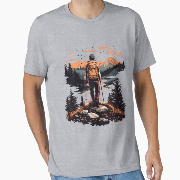 Item preview, Hiker at Sunset Mountains - Adventure Nature Landscape Art Print designed and sold by DesignArtist.ia.