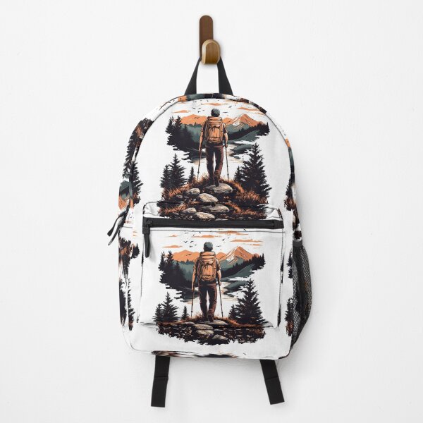 Item preview, Hiker at Sunset Mountains - Adventure Nature Landscape Art Print designed and sold by DesignArtist.ia.