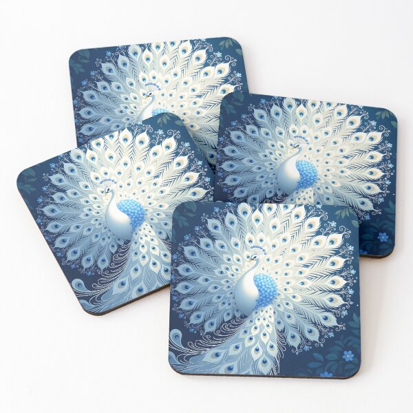Item preview, White Peacock Among Blue Flowers – Elegant Bird Illustration designed and sold by EmeraldeaArt.