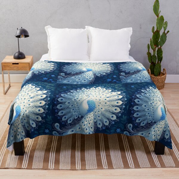 Item preview, White Peacock Among Blue Flowers – Elegant Bird Illustration designed and sold by EmeraldeaArt.