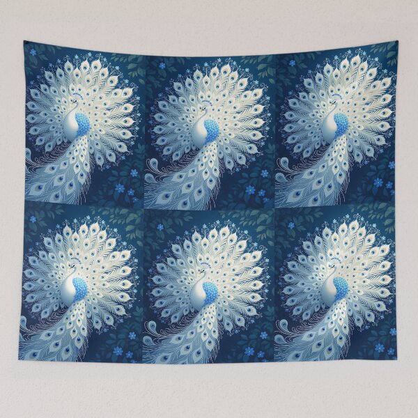 Item preview, White Peacock Among Blue Flowers – Elegant Bird Illustration designed and sold by EmeraldeaArt.