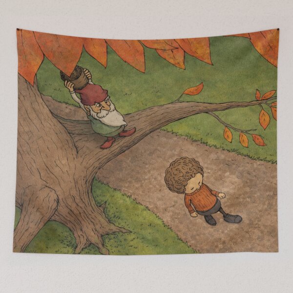 Item preview, Autumn Gnome Cartoon Illustration with Child Under Tree for Kids designed and sold by RickE.