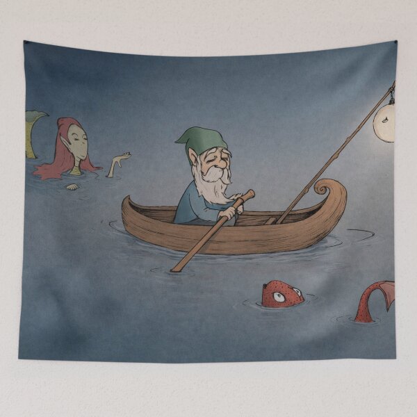 Item preview, Fantasy Gnome Cartoon Illustration Rowing Boat with Mermaid for Whimsical Art Lovers designed and sold by RickE.