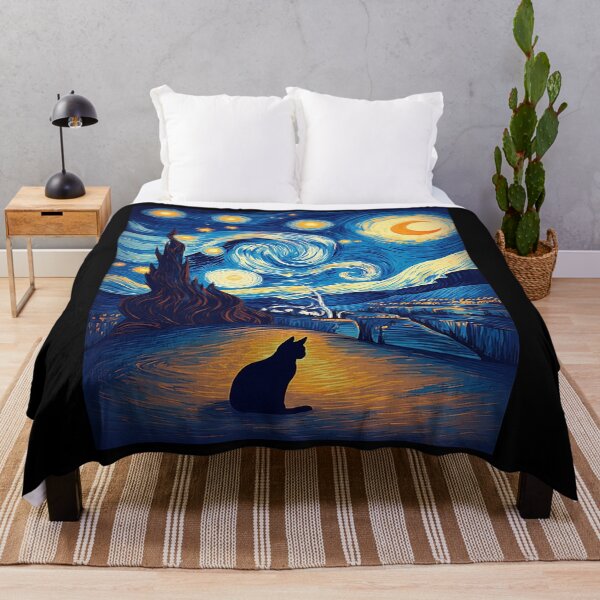 Item preview, Black Cat Starry Night Impressionist Oil Painting Art designed and sold by BendyBeasts.