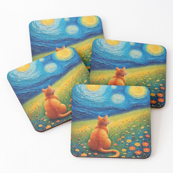 Item preview, Ginger Cat Starry Night Impressionist Oil Painting Flowers Art designed and sold by BendyBeasts.