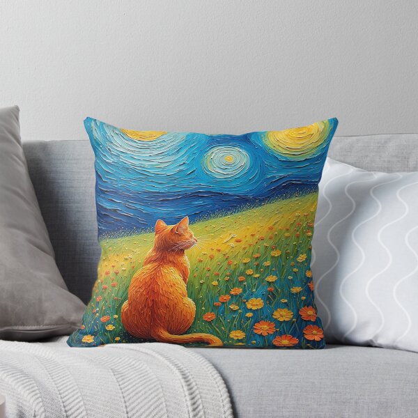Item preview, Ginger Cat Starry Night Impressionist Oil Painting Flowers Art designed and sold by BendyBeasts.