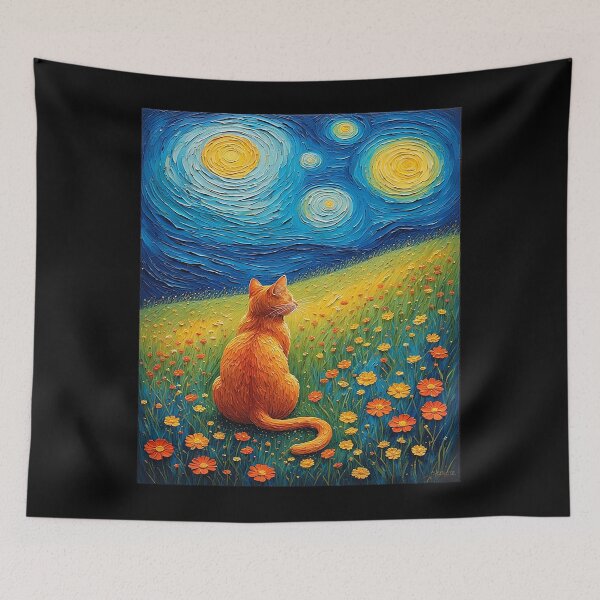 Item preview, Ginger Cat Starry Night Impressionist Oil Painting Flowers Art designed and sold by BendyBeasts.