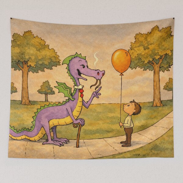 Item preview, Vintage Cartoon Dragon and Boy Balloon Illustration for Whimsical Art Lovers designed and sold by RickE.