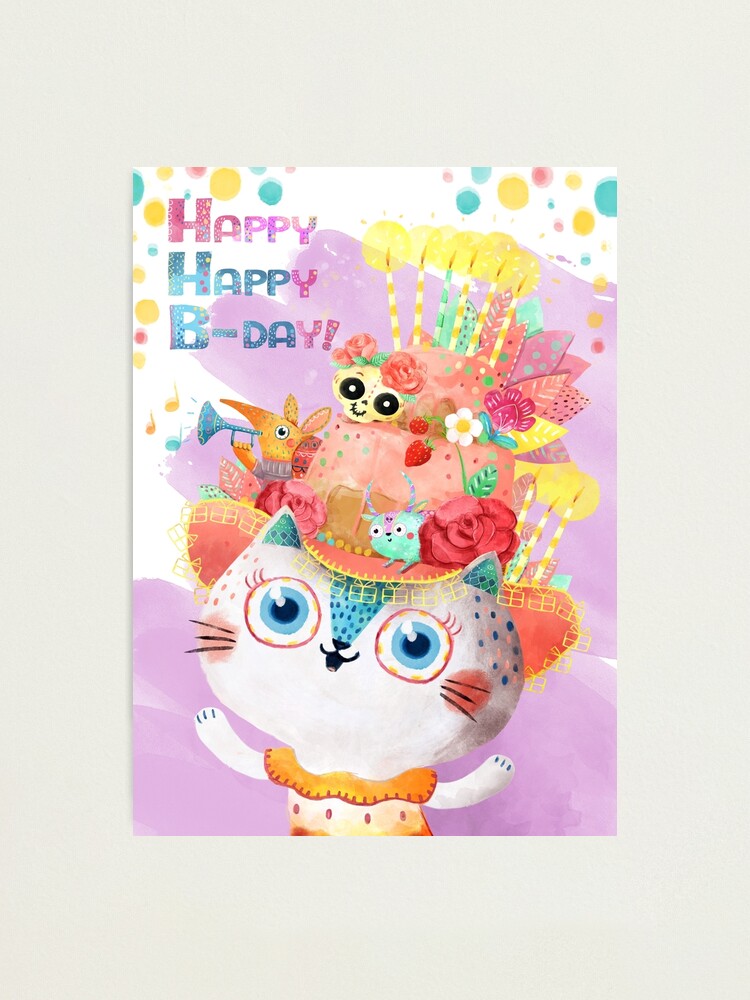 Impression Photo Carte De Joyeux Anniversaire Avec Chat Mignon Dans Le Chapeau De Gateau D Anniversaire Par Monikasuska Redbubble