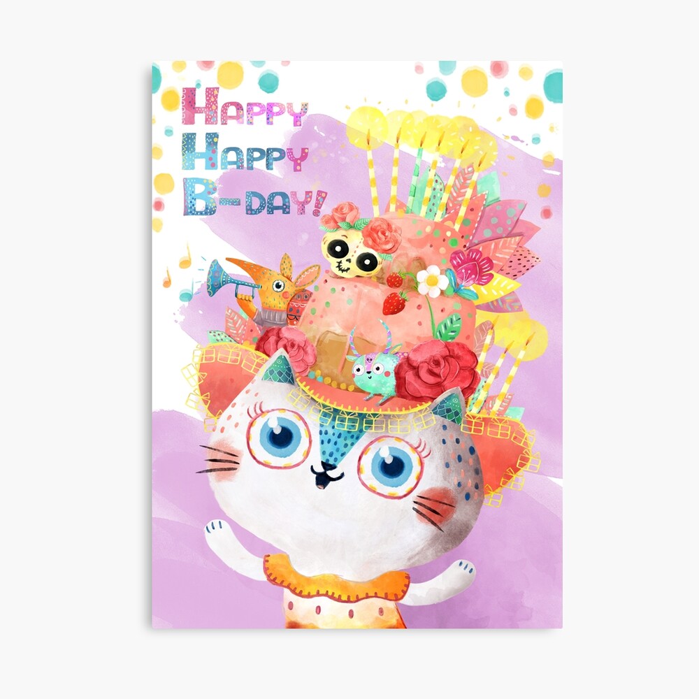 Impression Photo Carte De Joyeux Anniversaire Avec Chat Mignon Dans Le Chapeau De Gateau D Anniversaire Par Monikasuska Redbubble